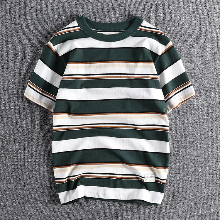 Summer Splicing Pure Cotton Stripe Short Sleeve T-shirt Streetwear Amekaji Heavyweight Casual Male Round Neck Tshirt Tops Tee