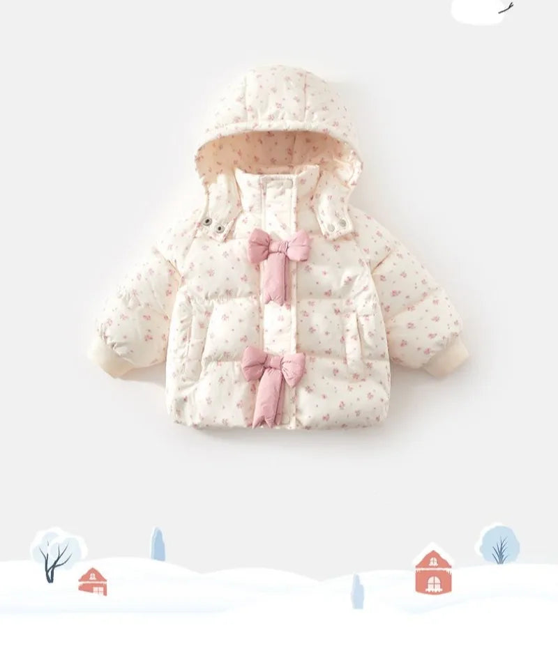 Winter 2024 Girls Plush New Fashion Sweet Floral Cotton Jacket Baby Cotton Hooded Autumn and Winter Bow Coat
