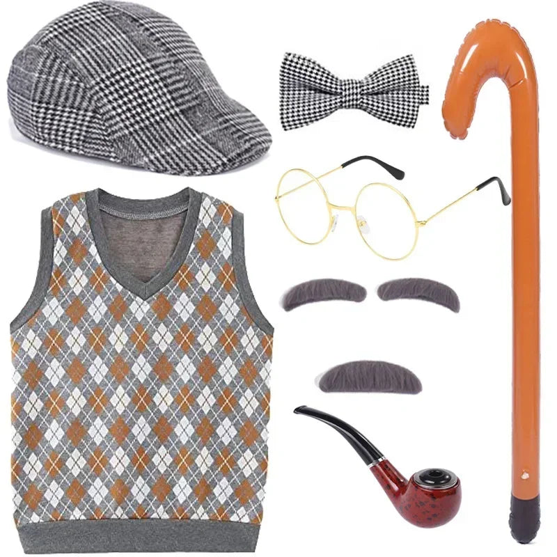 Halloween Children's Day Kids 100 Days Of School Costume For Boy Grandpa Vest Wig And Beard Granny Dress Up Props Carnival Party