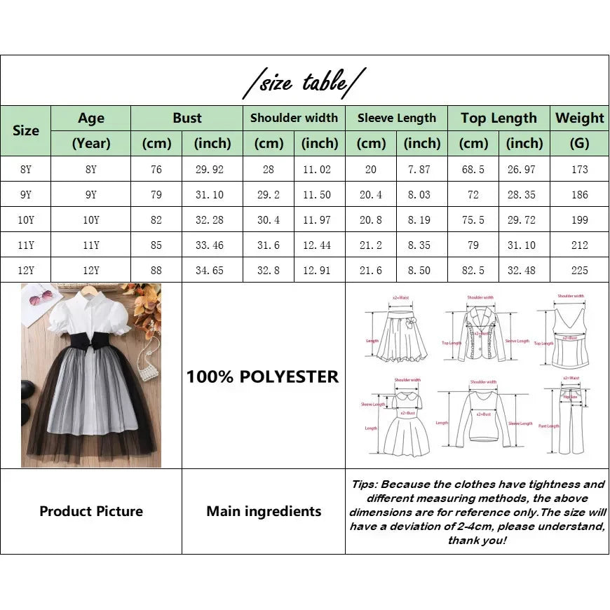 Teen Girl Dress Summer Black Retro Short Sleeve Children Dresses Fashion Girl Costume Party Big KIds Outfit 7 8 9 10 11 12Yrs
