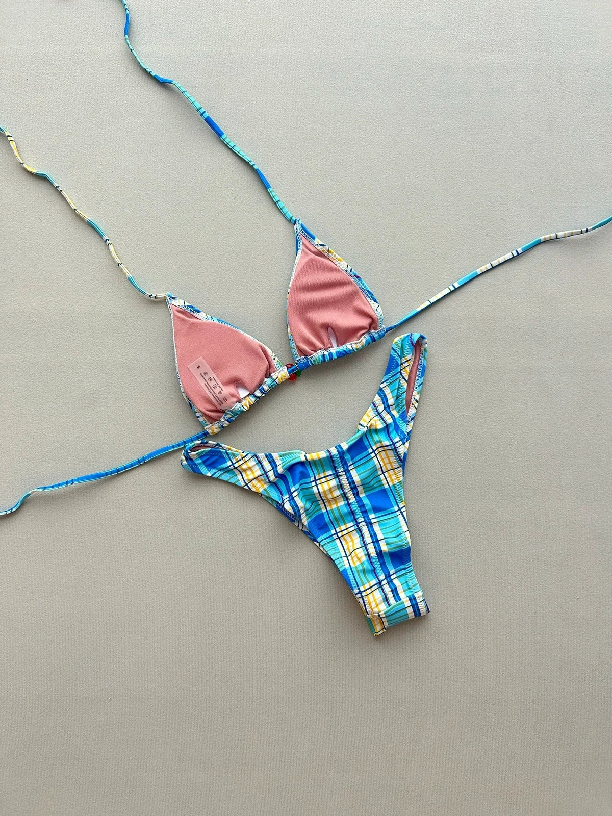 Sexy Blue Plaid Micro Bikini Set 2026 Women Halter Push Up Bra Bow Thong Swimsuit Summer Holiday Bathing Suit Triangle Swimwear