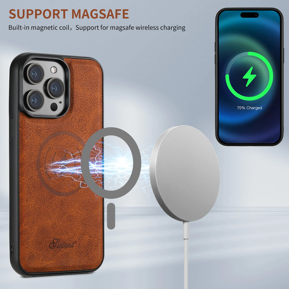SUTENI Luxury Magsafe Leather Card Holder Phone Case Wallet Kickstand Cover For iPhone 17 16 15 14 13 12 11 Pro Plus Max