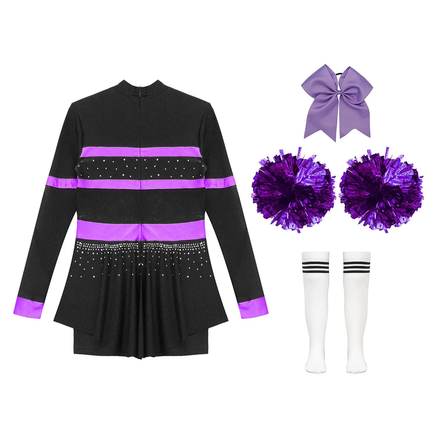 Girls Cheerleader Costume Long Sleeve Cheerleading Uniform Children Cheer Dance Dress Hand Flower Socks Stage Dancewear Sets