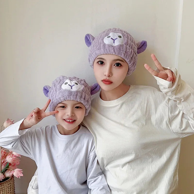 Coral Fleece Cartoon Kids Hair Drying Hat Animal Embroidered Shower Cap Absorbent Quick Dry Tape Cute Bathroom Accessory Soft
