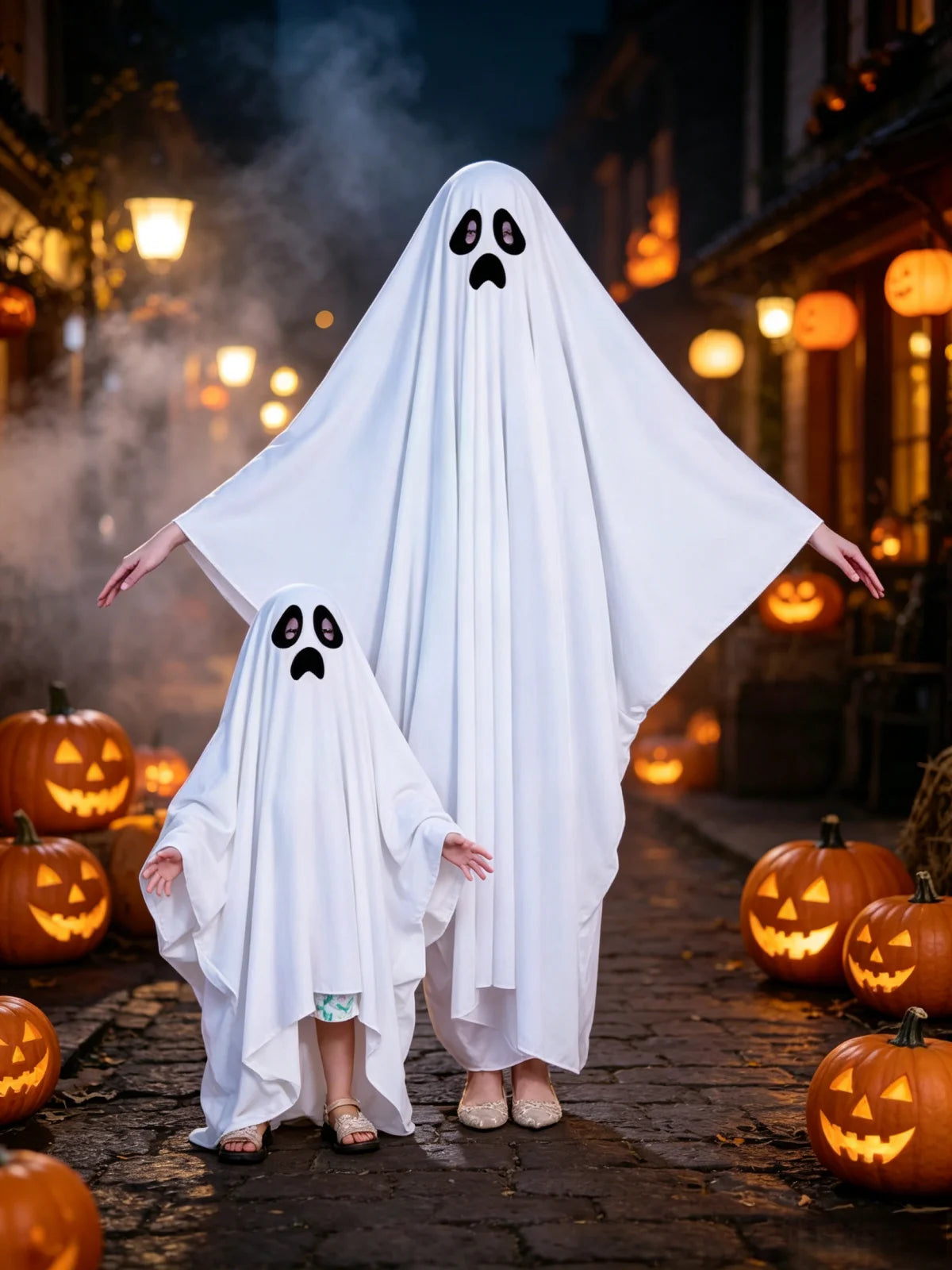 Halloween Kids Adults Funny Costume Cape Sad Face White Ghost Poncho for Boys Girls Family Matching Outfits