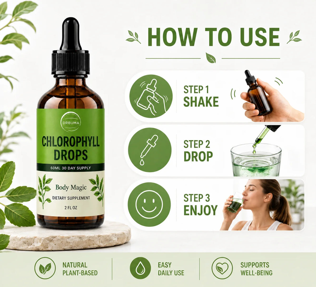 Premium Liquid Chlorophyll Supplement, Mint Flavor, Natural Complex, Easy to Take, 2 Fluid Ounces Per Bottle