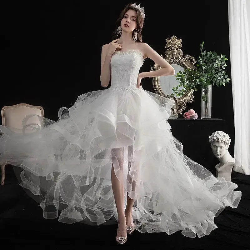 New Front Short Long Back Strapless Wedding Dress Sweet Bride Dress
