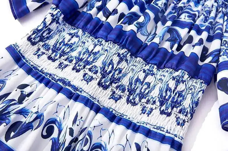 JAMERARY Summer Runway Blue White Porcelain Print Midi Dress Women's Straps Flare Sleeve Elastic Waist Cotton Floral Vestidos