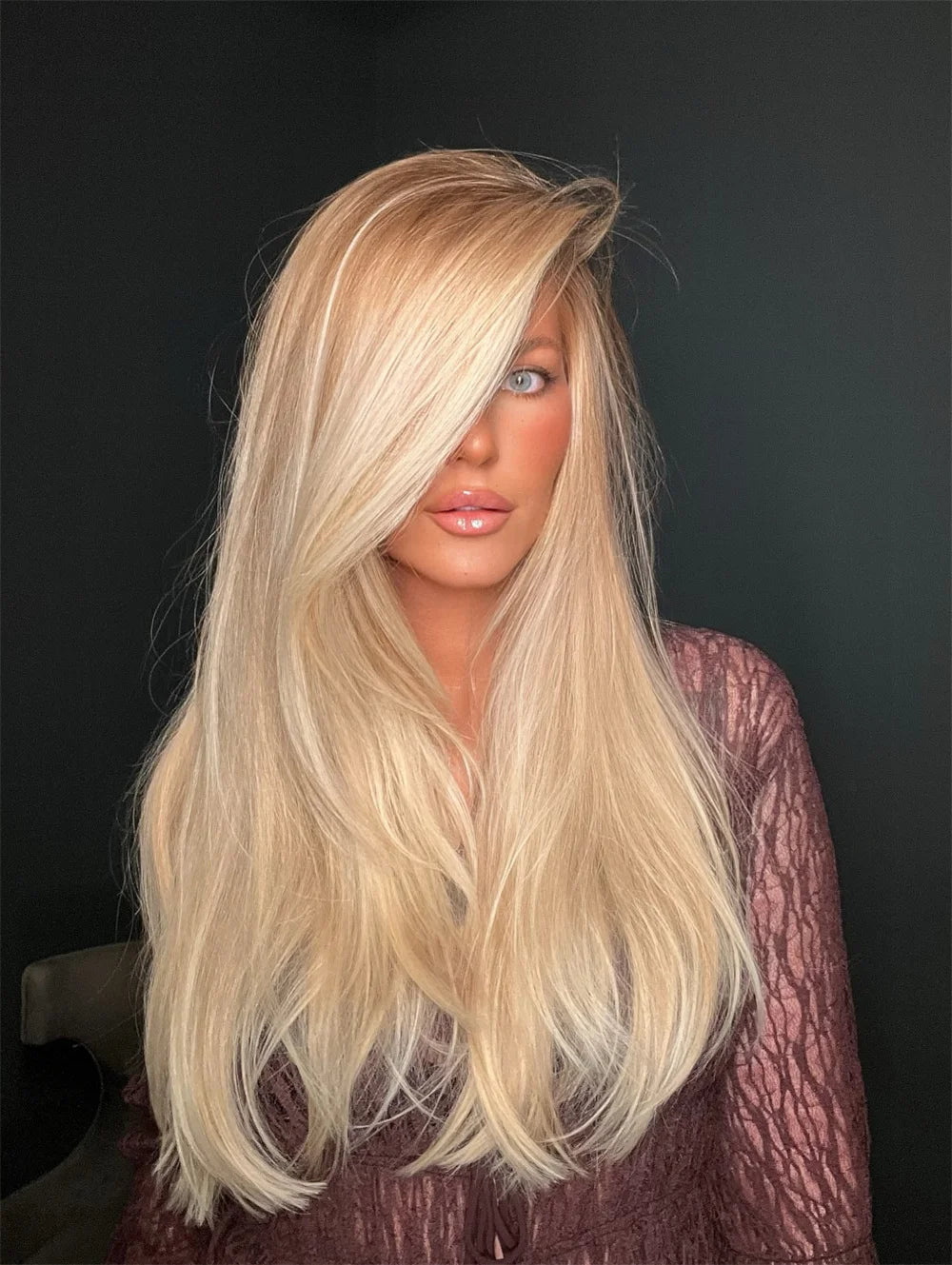 Luxury Women's Wig Synthetic Lace Front Wig Mixed 5%Human Hair Golden Blonde Highlights Natural Straight Wig Ash Roots Small Cap