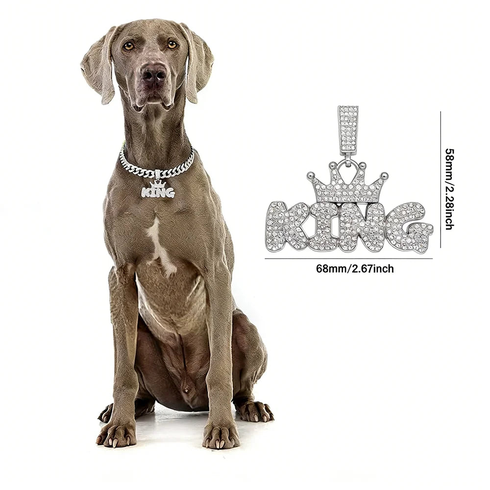 Cuban Dog Chain, Aluminum Alloy Pet Dog Collar, Gold Necklace for Small to Large Dogs Cats King Queen Pendant Jewelry Accessory