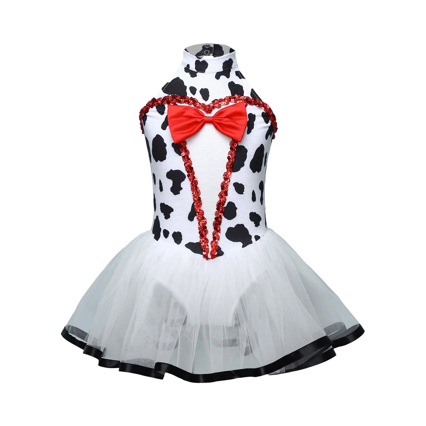Children Girls Tutu Dress Halloween Theme Party Outfits Spotted Dog Fancy Dress Up Printed Mesh Leotard Dress Dalmatian Costume