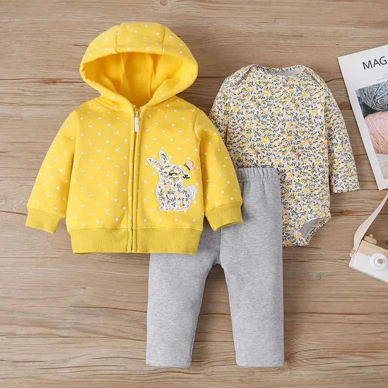 Infant Baby Boy Clothes Sets Winter Warm Cotton Hoodies+Romper+Pants Toddler Girls Clothes Hooded Coat+Jumpsuit+Trousers 3 PCS