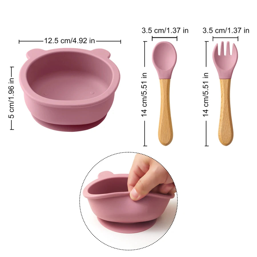 Mamaplan Baby Silicone Tableware Wooden Handle Spoon Fork Feeding Sucker Bowl Training Learning Baby Stuff  Baby Dinner Set