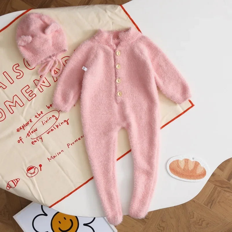 HoneyCherry Baby Solid Color Footies Cute Footed Hoodie Plush Pajamas Homewear Baby Clothes