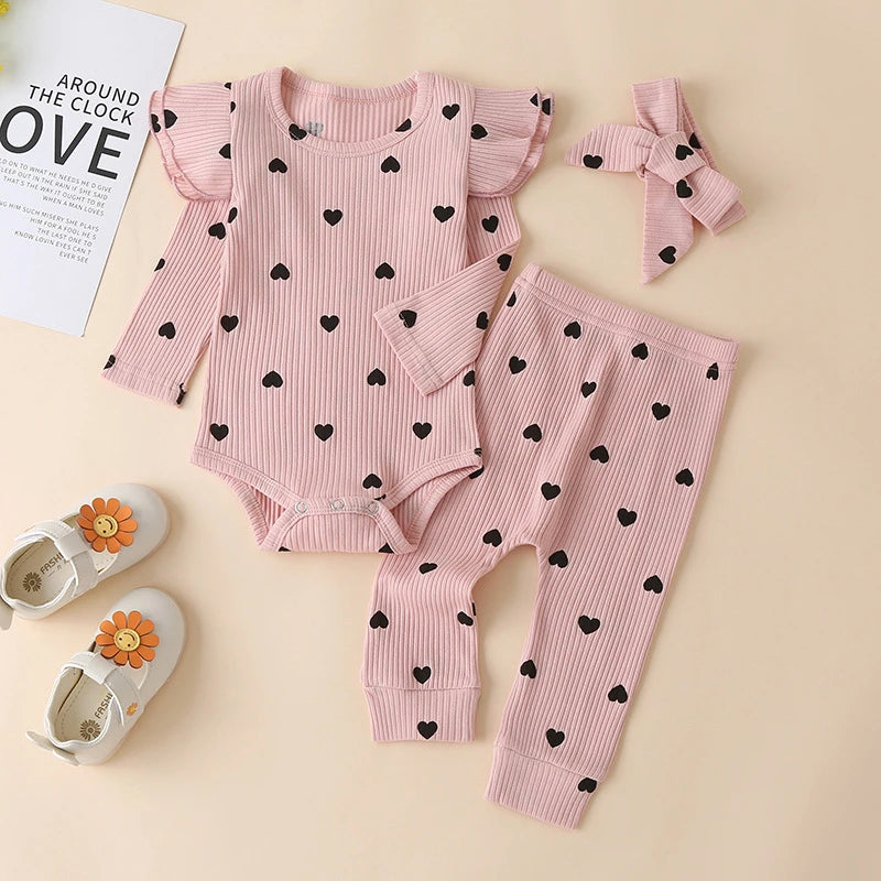 3Pcs Baby Girl Outfit Set Newborn Toddler Kids Clothing Set Baby Girls Lace Ruffles Cotton Bodysuit +Pants+Headband Clothing