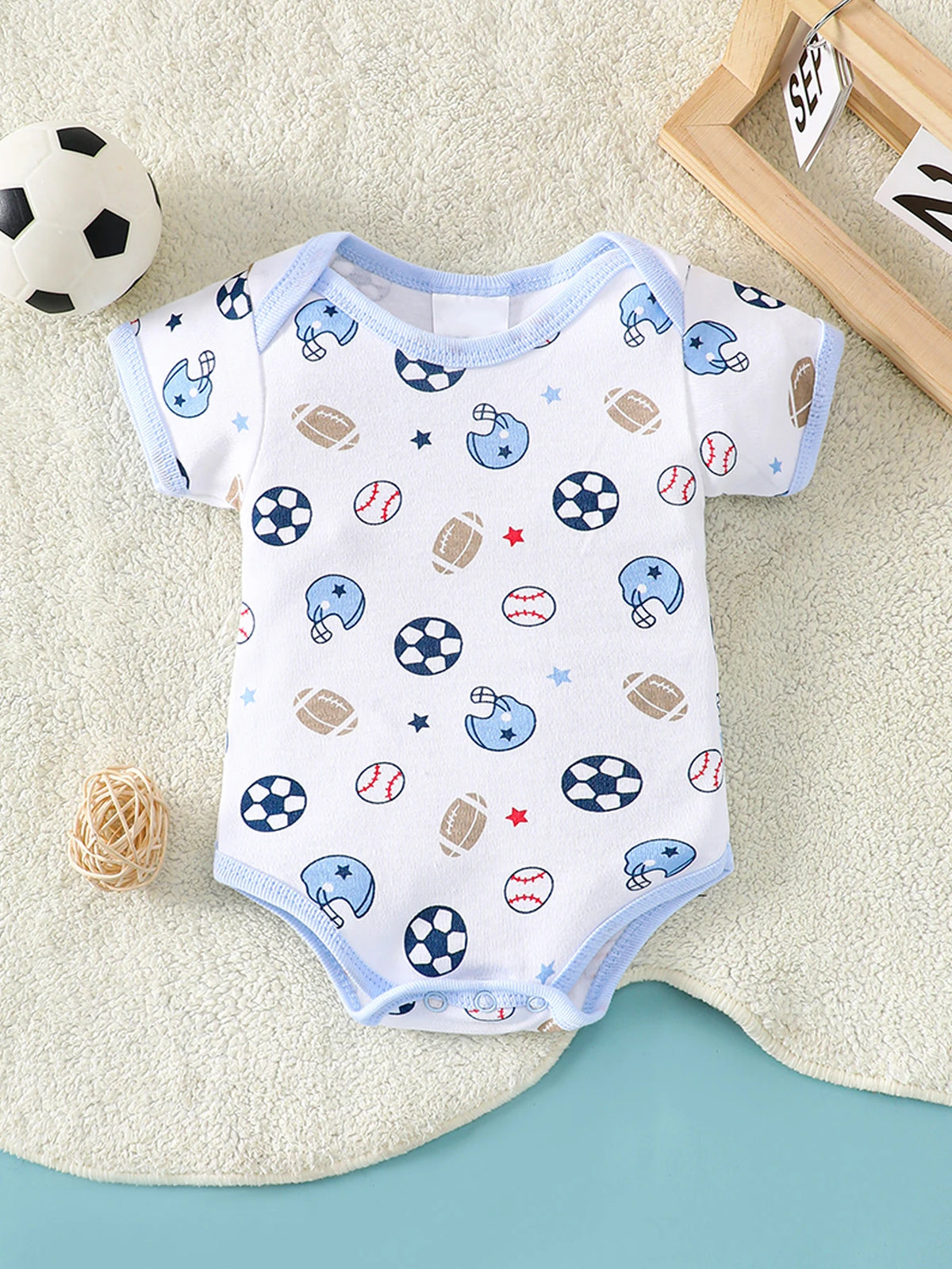 8-Piece Baby Romper Set | 100% Cotton | Soft & Breathable | Blue Cartoon Rugby Design | For 0-9 Months Infants