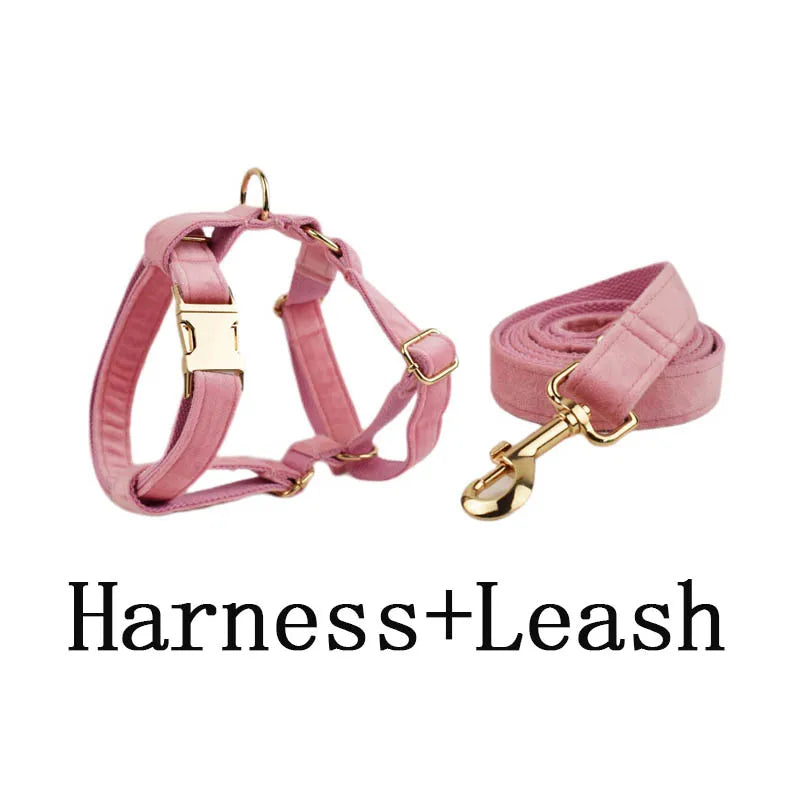 Pink Velvet Dog Collar And Leash Set For Small Medium Large Dogs Custom Engraved Nameplate Pet Supplies Dog Leash Velvet 01