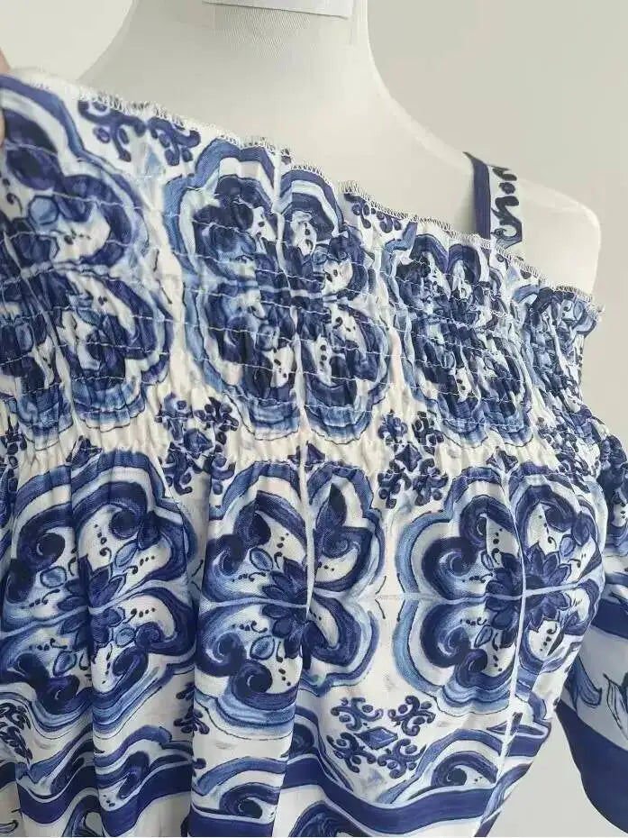 JAMERARY Summer Runway Blue White Porcelain Print Midi Dress Women's Straps Flare Sleeve Elastic Waist Cotton Floral Vestidos