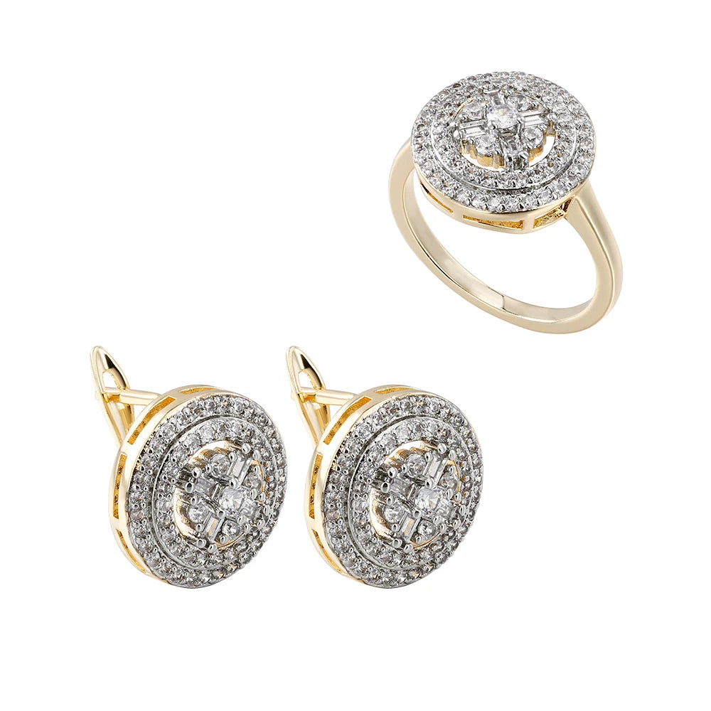 Round two-color design inlaid zircon earrings and rings set fashion jewelry holiday party banquet exquisite gift three-piece set