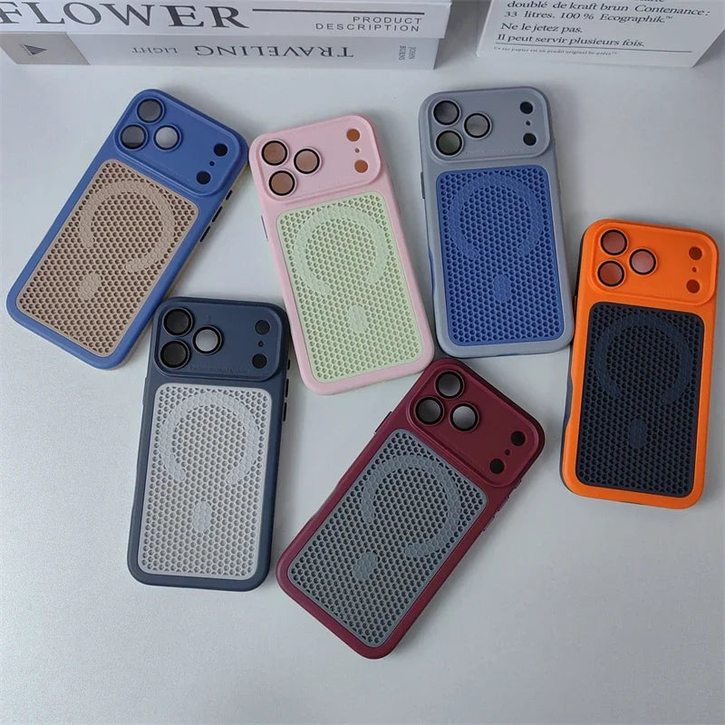 Heat Dissipation Mesh Magnetic Case for iPhone 17 15 14 13 12 16 Pro Max Plus For Magsafe Lens Protector Shockproof Bumper Cover