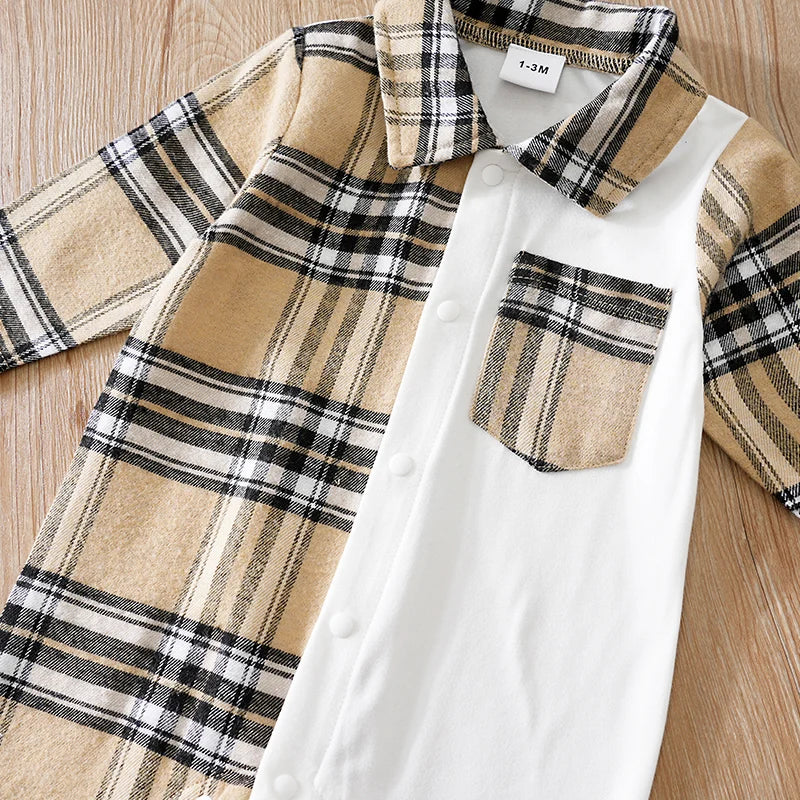 Newborn Clothes Casual Checkered Comfortable Boy And Girl Spring And Autumn Long Sleeved Baby Jumpsuit+Hat Two-Piece Set