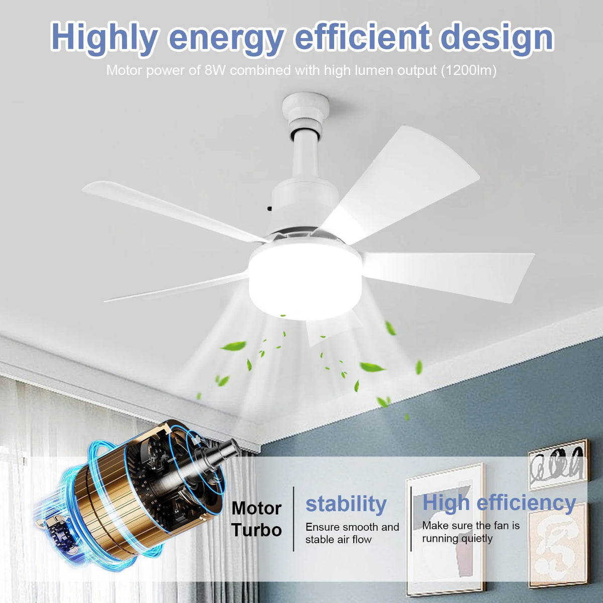 2-in-1 Socket Ceiling Fans Lights with Remote Control Timing 3 Speed Adjustable for Bedroom Kitchen Office Home for Living Room