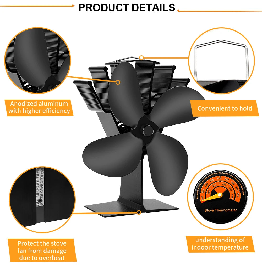 4 Blade Heat Powered Stove Fan Log Wood Burner Eco Friendly Quiet Fireplace Fan Winter Warm Home Efficient Heat Distribution