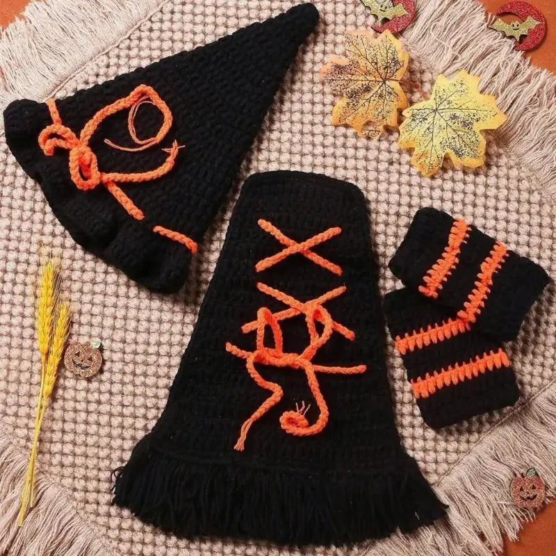 U13F Newborn Witch Costume for Halloween Celebration Knitting Baby Photo Props Outfit for Family Gathering Photography Suit