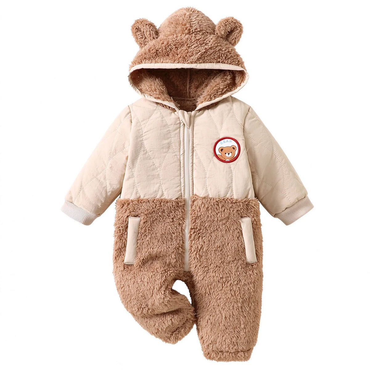 IURNXB Cute Bear Ear Hooded Baby Winter Romper Warm Fleece Patchwork Zipper Jumpsuit for Newborn Infant Outdoor Wear 1-18M