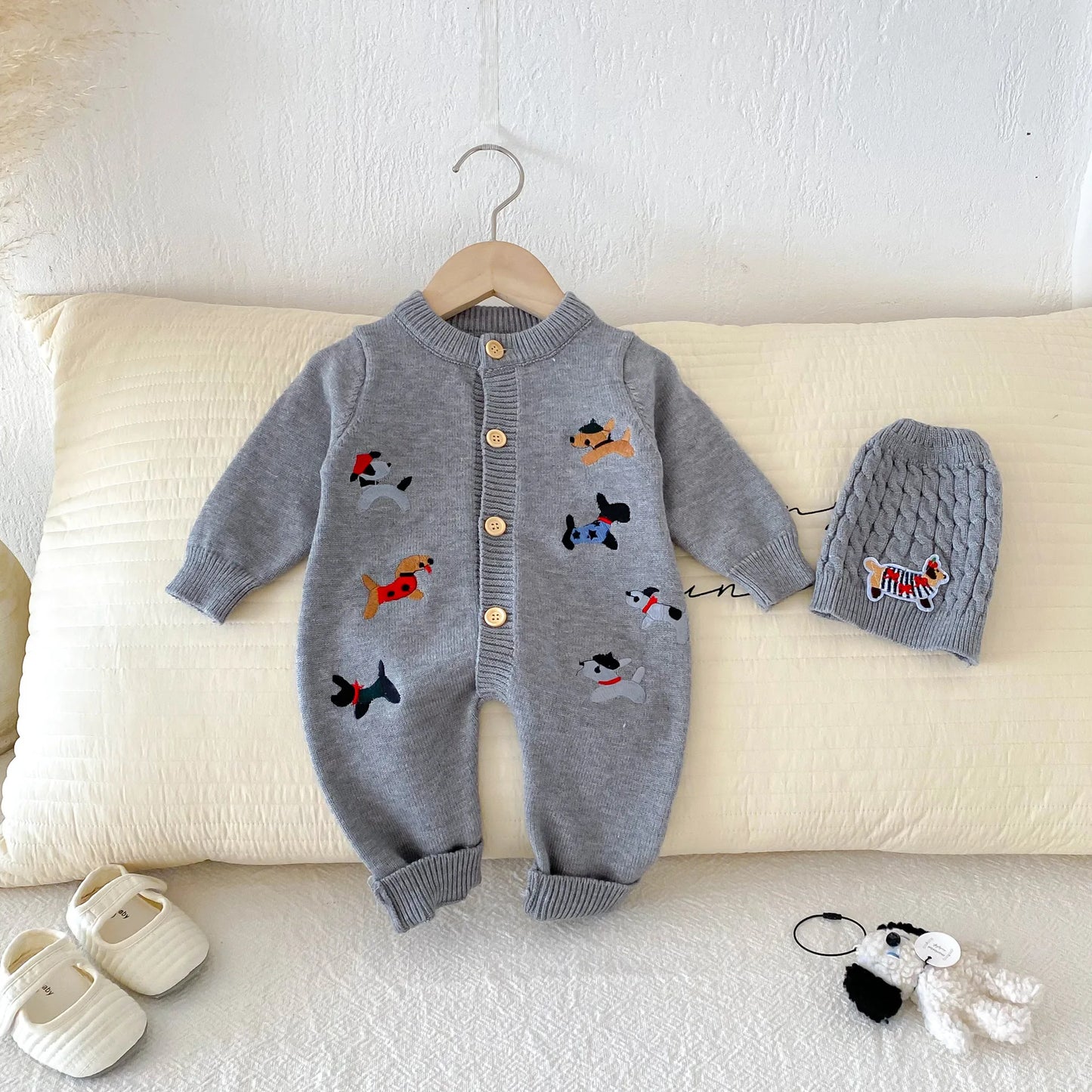 2Pcs Autumn and Winter Baby Clothes Cute Cartoon Dog Newborn Clothes Knitted Warm Boys and Girls Baby Jumpsuit+Hat Set
