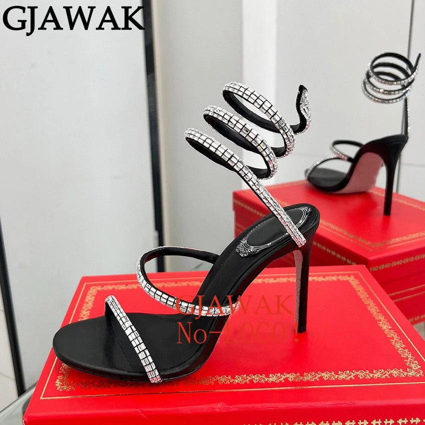 Summer Crystal Bowknot High Heels Sandals Woman Twine Around Ankle Snake Wedding Shoes For Woman Runway Gladiator Sandals Women
