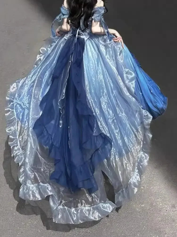 Dophee Flower Wedding Dress Lolita Purple Trailing Princess Dress Sexy Off Shoulder Short Sleeve Graduation Long Puffy Dresses