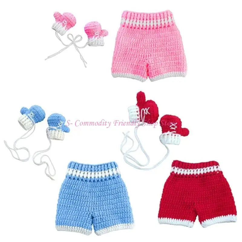 Newborn Photography Set Bath Gift Woven Photography Props Boxing King Blue Red Pink Boxing Suit Handmade Crochet