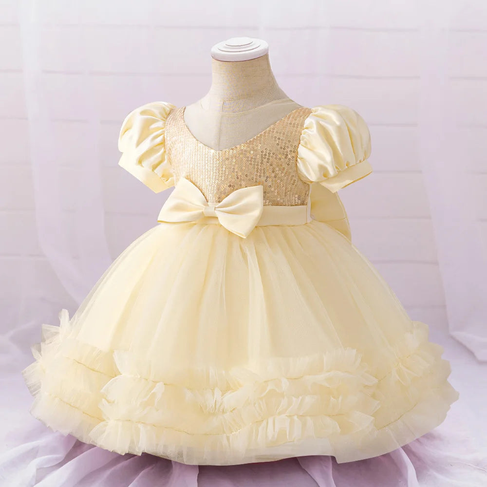 Toddler Sequin Baby Girl Party Dresses Bow Princess Dresses for Girl 1st Birthday Baptism Baby Dress Tutu Lace Wedding Prom Gown