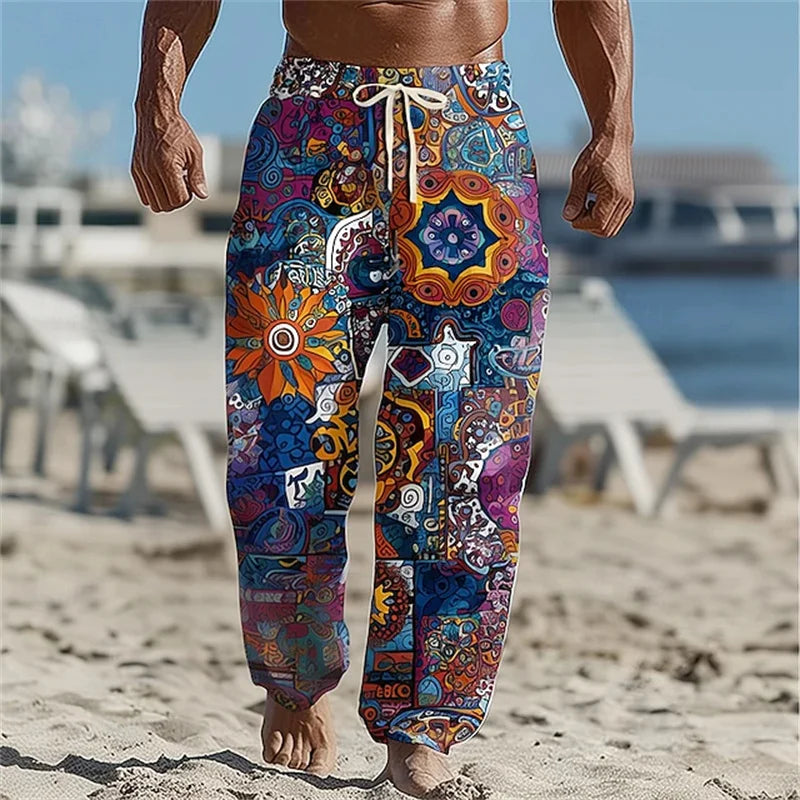 New men's loose fit casual pants with 3D printed geometric patterns, fashionable and comfortable wide leg pants
