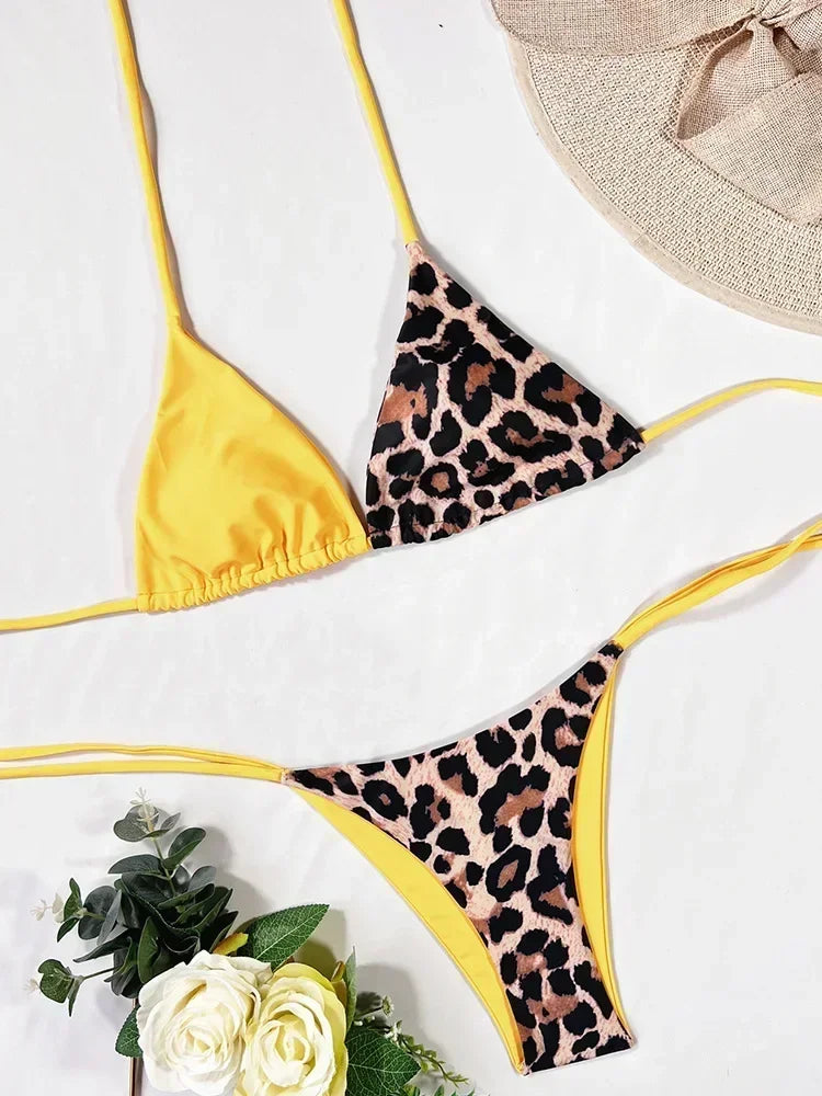 Halter Splicing Leopard Bikinis 2026 Satin Bikini Female Swimsuit Women Swimwear Two-pieces Bikini Set Micro Bathing Suit Swim