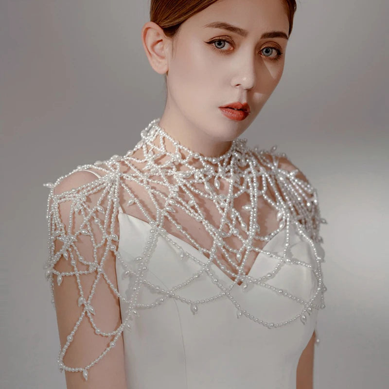 Fashion Pearls Bridal Jacket Shawl Wedding Shoulder Jewelry Chain Necklace Handmade Women Prom Accessories