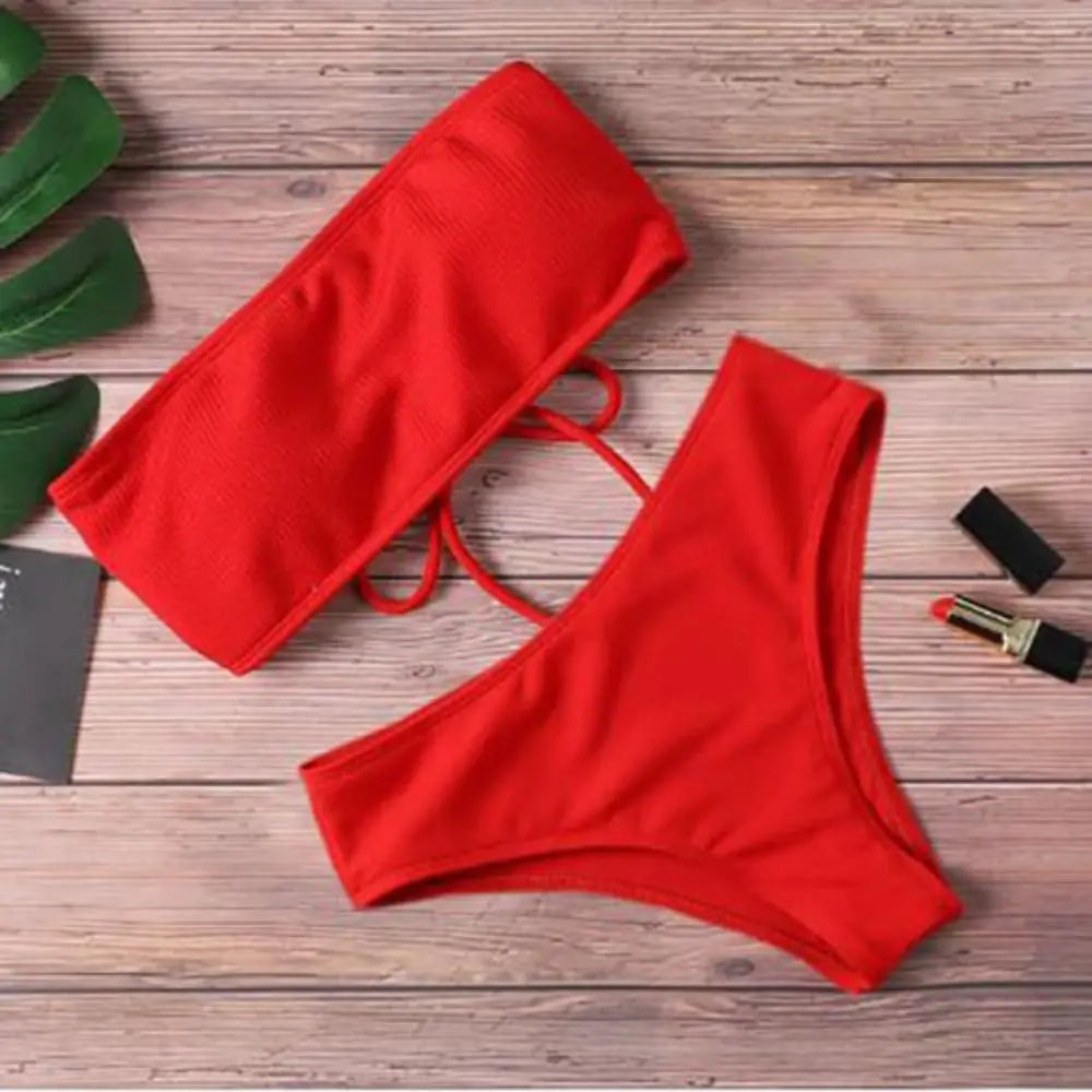 Solid Color Strapless Bikini Set Backless Sexy Swimsuit High Waist Adjustable Women Swimwear Summer