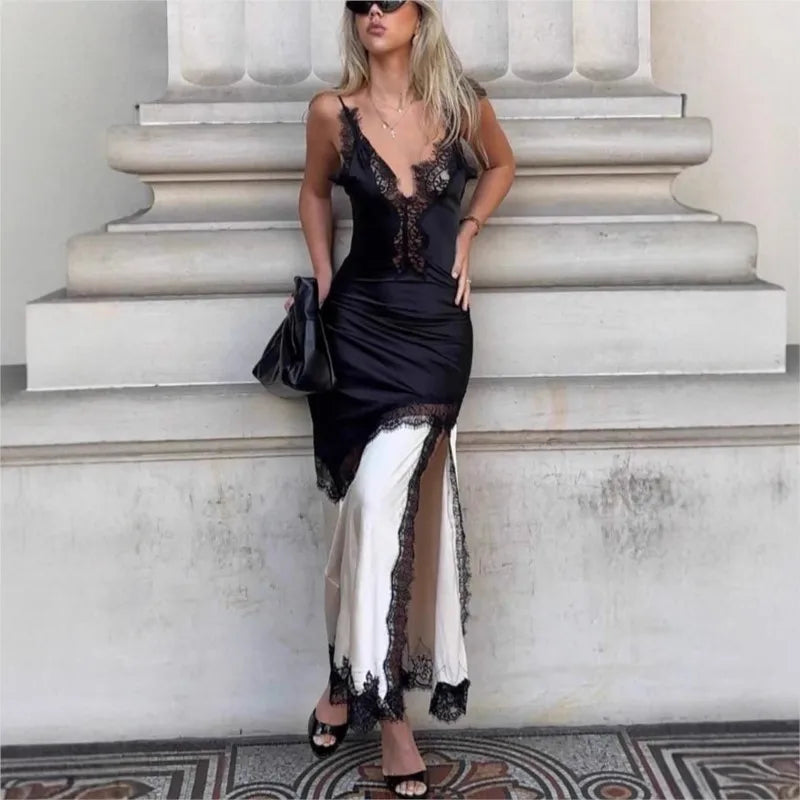 Chic Contrast Lace Embroidery Sling Dress Woman Sexy V Neck Hollow Slit Long Dress Summer New Sleeveless Irregular Evening Dress