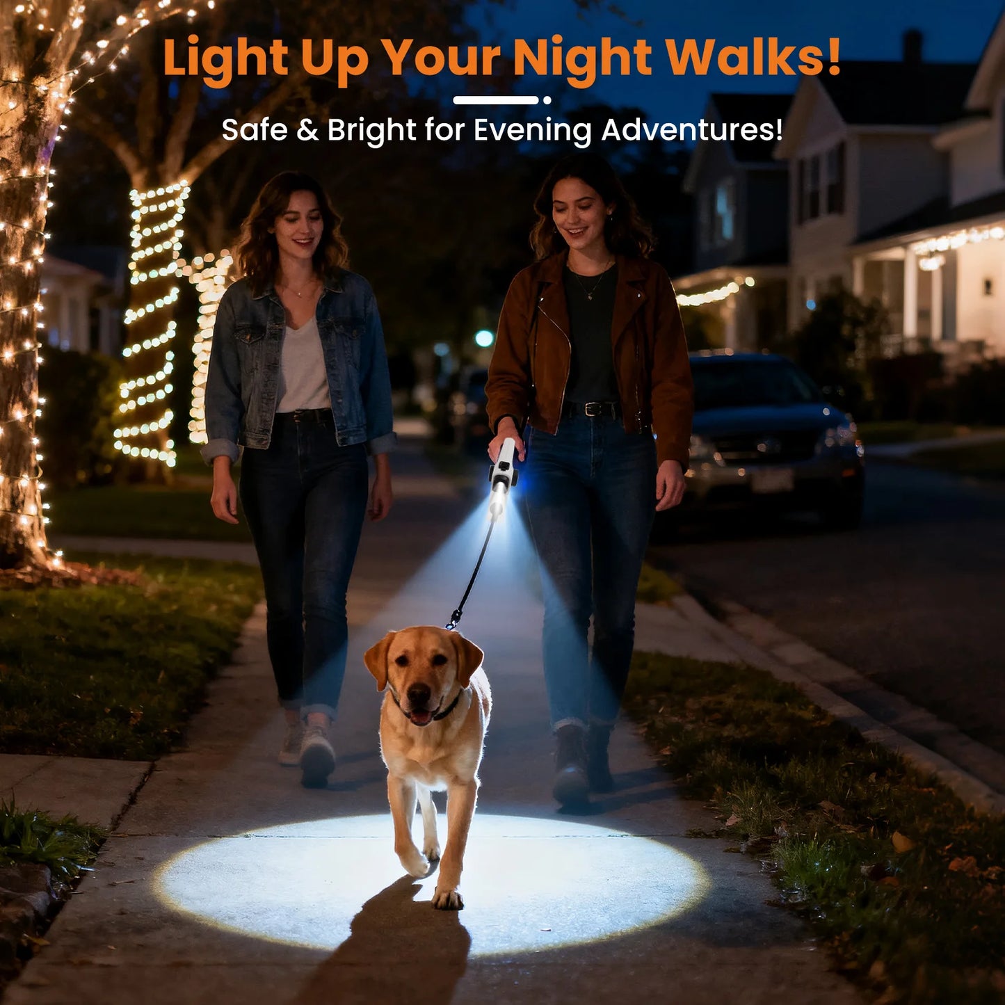 16ft USB LED Retractable Dog Leash, Reflective & Tangle-Free with Poop Bag Holder for Night Safety, Black