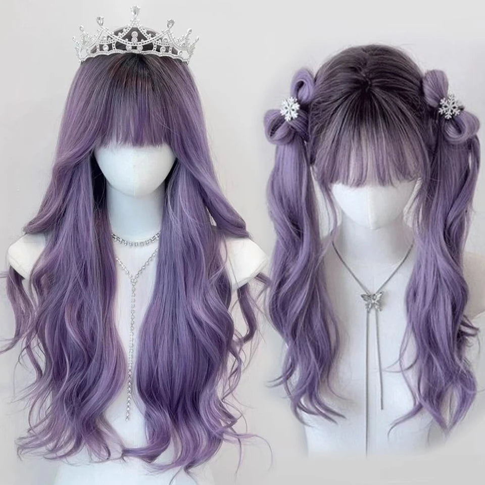 Synthetic Long Curly Wavy Lolita Wig with Bangs Wig Girl Cute Ombre Pink Blonde Black Cosplay Party Halloween Harajuku Wig
