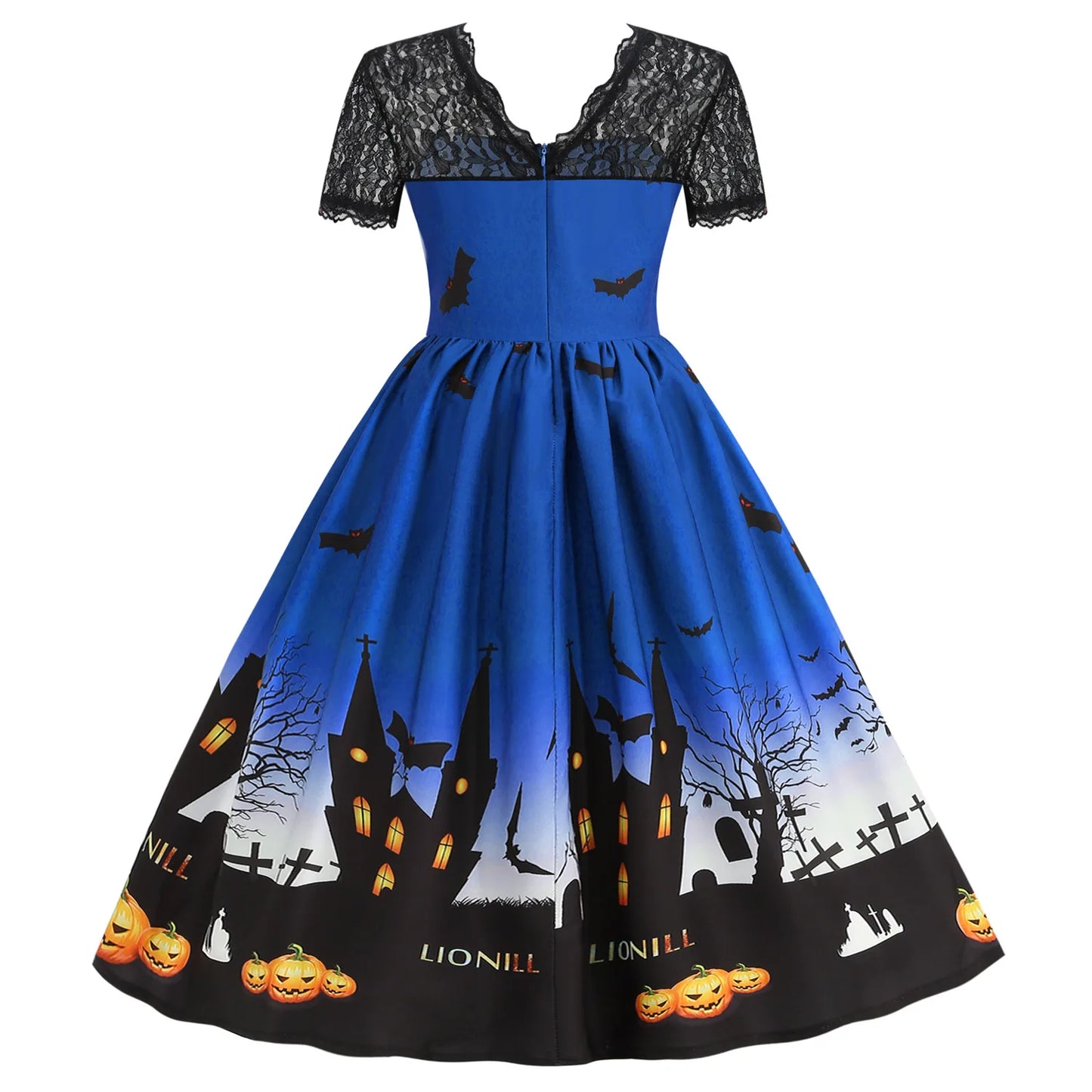 Halloween Gothic Dress Costume - Women's Retro Lace round Neck Short-Sleeved Printed Maxi Dress for Cosplay Party