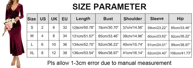 Lady Dress New Year Christmas Elegant vintage velvet autumn Winter V-neck long sleeve stretch waist length dress Party Dress