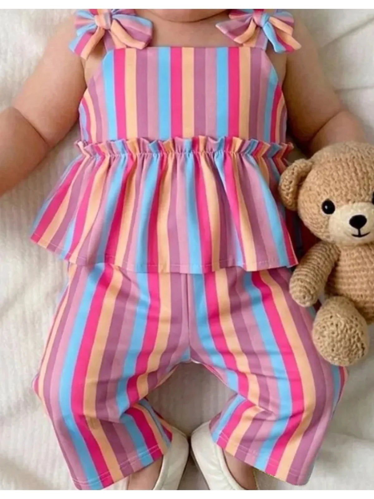 Baby Children's Clothing Set with Thick Shoulder Strap Bow Detail Stripe Color Block Skirt Top And Elastic Waist Striped Pants C