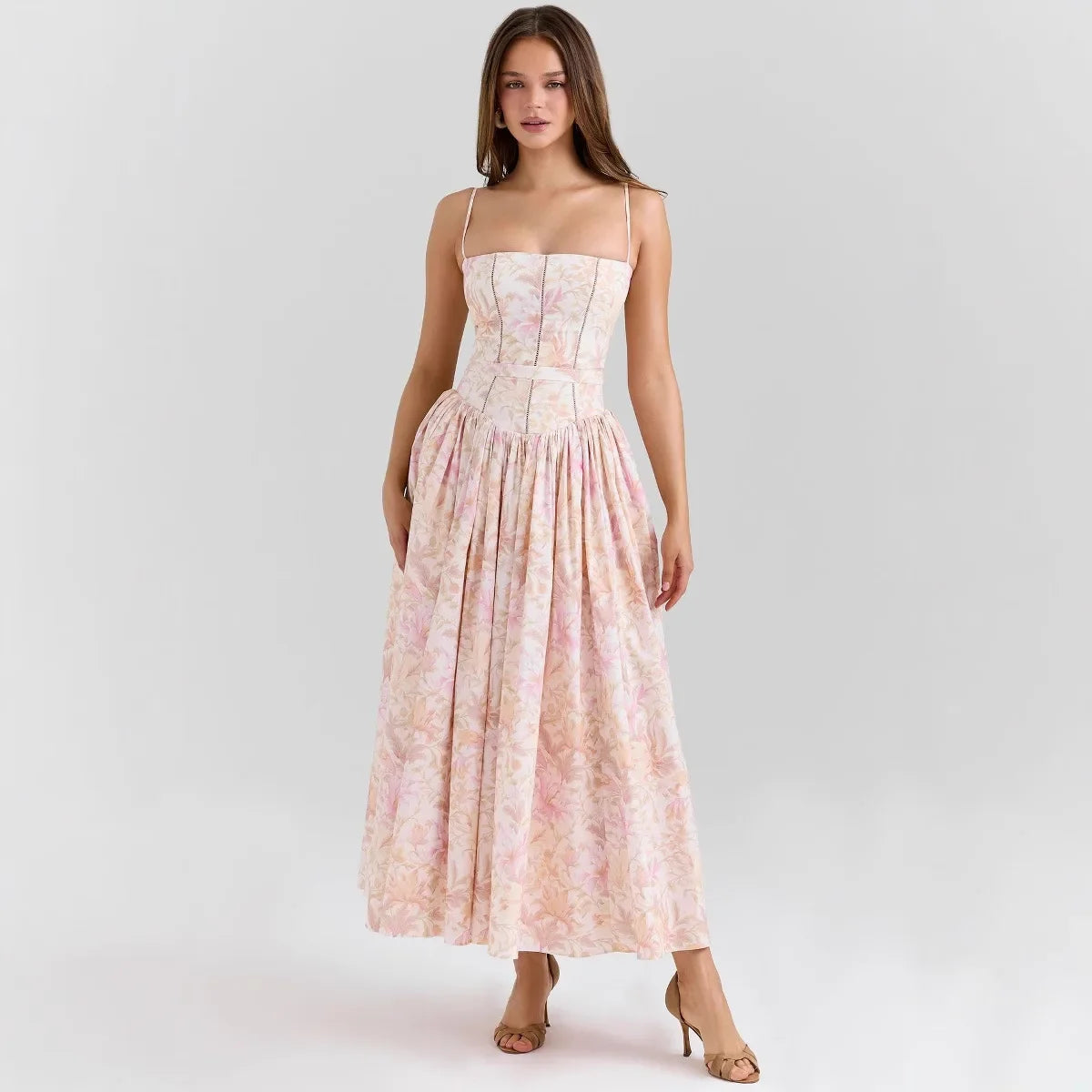 Elegant Fairylike French Style Gentle Floral Print Strapless Midi Dress Slimming Women's Fashion High End Feeling Dress