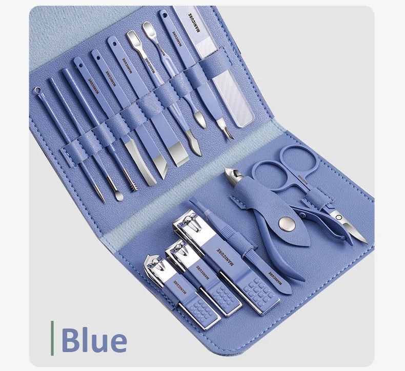 Professional Manicure Set 12/16 Pcs Full Function Kit Stainless Steel Pedicure Sets With Leather Portable Case Idea Gift