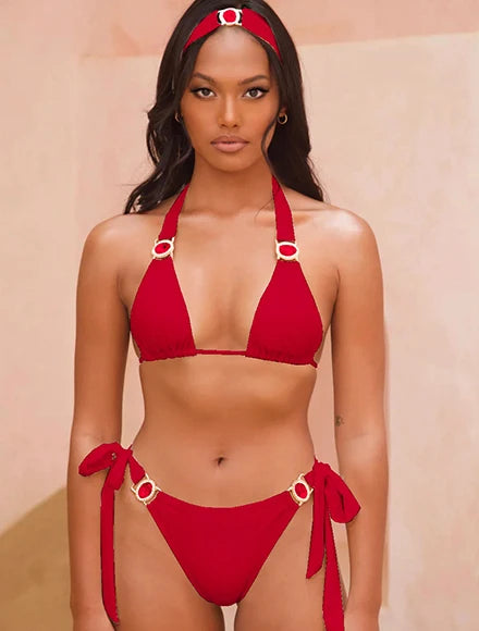 2026 Sexy Pink Paisley Bikini Set – Beaded Halter Top with Metal Pendant Perfect for Beach Wear Pool Parties Summer Getaways