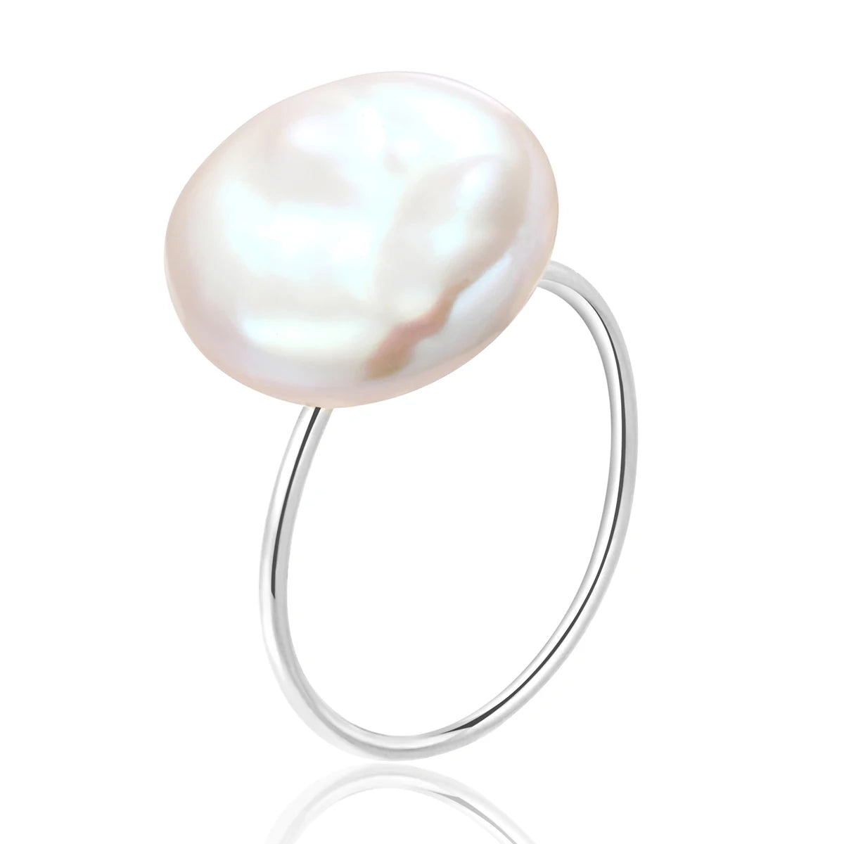 HENGSHENG Summer Fashion 12-13mm Large Button Shape Natural Freshwater White Pearl Ring Jewelry Gift for Women Girls  S925 Rings
