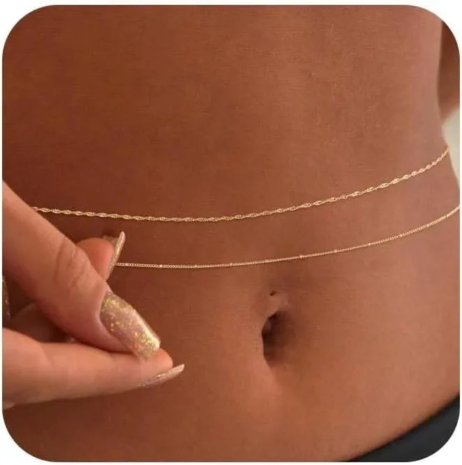 14k Gold Plated 26-33Inch Adjustable Waist Beads Chain Layered Body Chains Waterproof Sexy Body Jewelry for Women