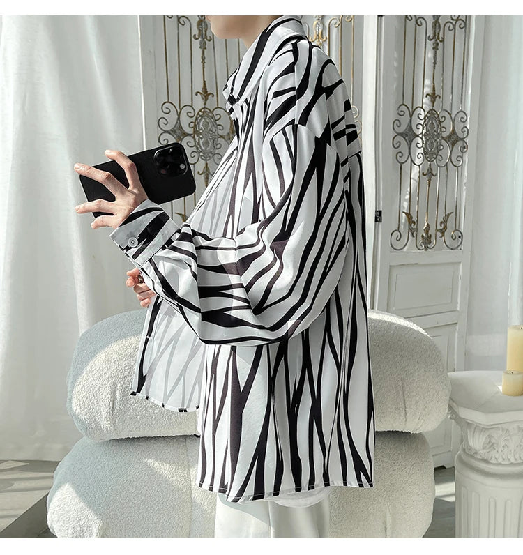 Men's Long Sleeve Striped Shirts Spring New Korean Button Up Shirt Unisex Fashion Casual Oversize Blouse Printed Clothing